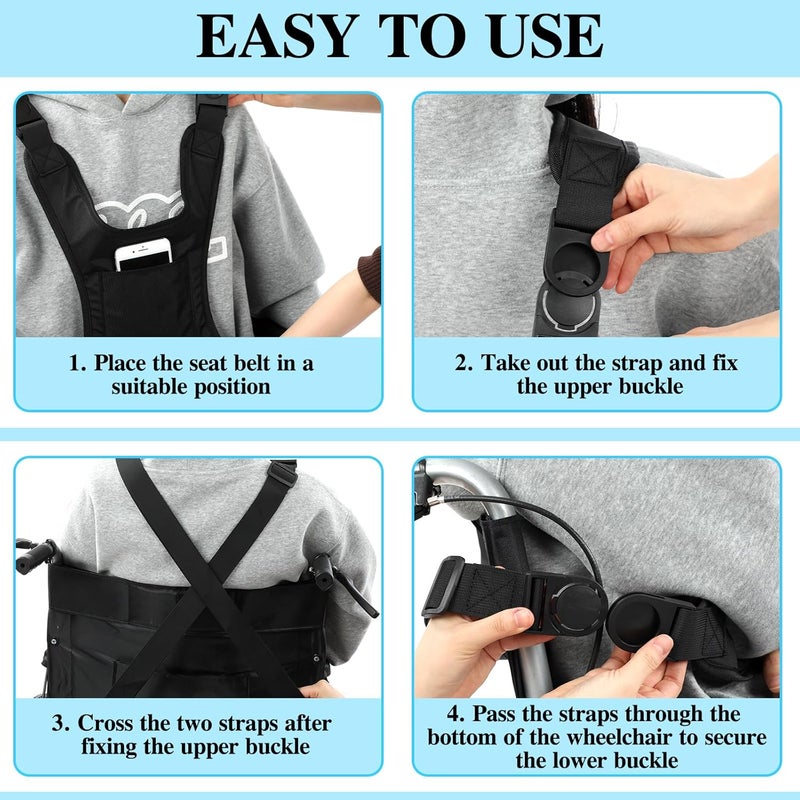 Threlaco Wheelchair Seat Belt for Adults Wheelchair Harness Accessories Safety Belt for Elderly Walking and Disabled Torso Support Vest Restraint Adjustable Straps Prevent Sliding(Black) - Image 3